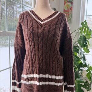 Brown Cable Knit V-Neck Sweater